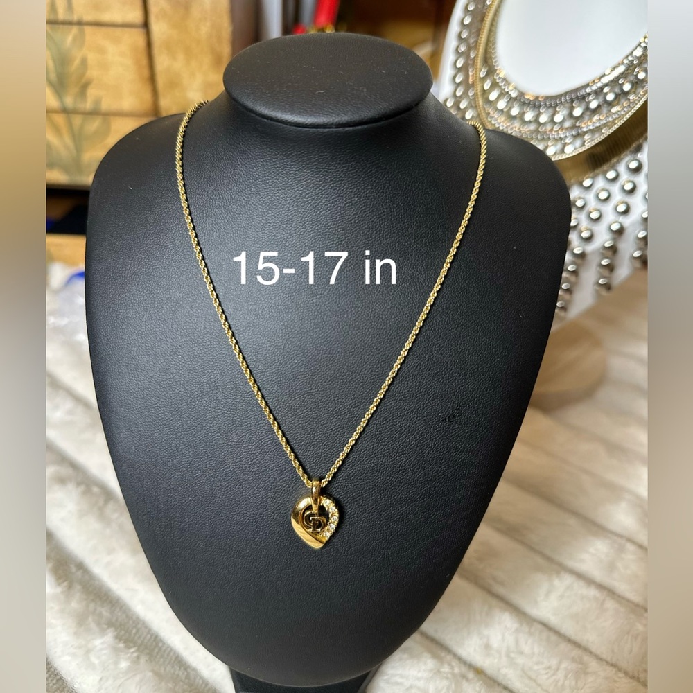 Christian Dior Gold CD Heart Pendant Necklace w/ Crystals 15–17”